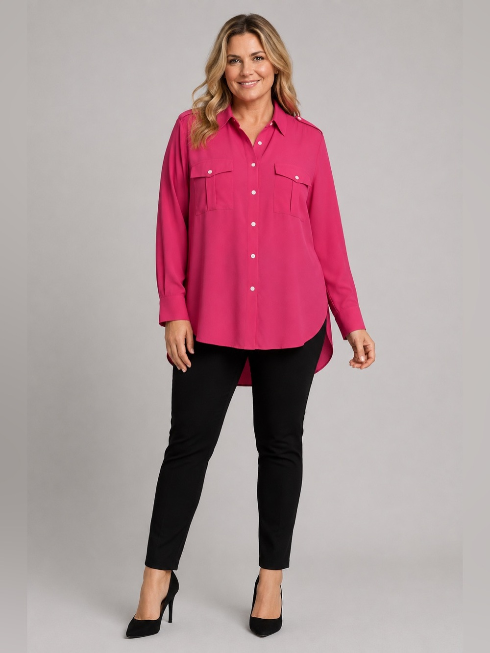 DKNYC BRIGHT PINK BUTTON-DOWN TUNIC BLOUSE POCKETS WOMEN’S XL
